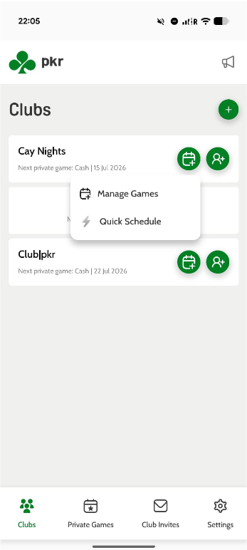 Manage Games menu with Quick Schedule option