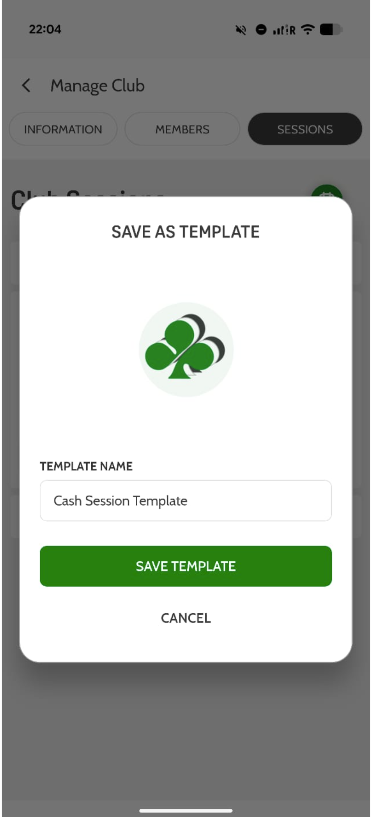 Save Template confirmation screen