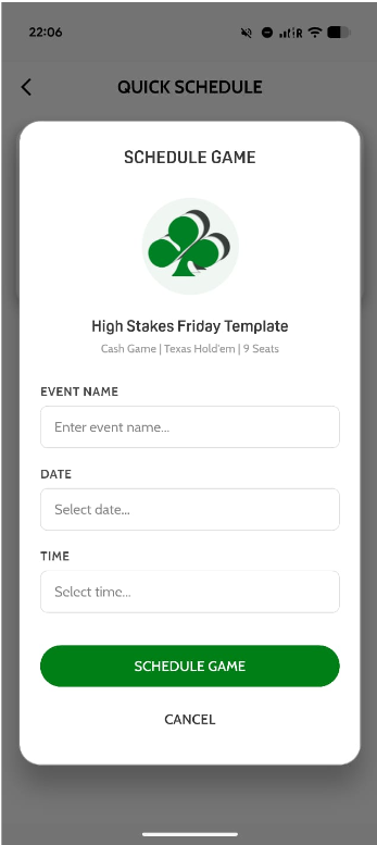 Schedule Game screen