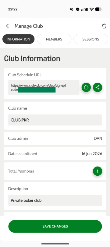 Generate club code screen